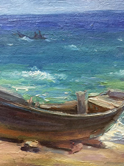Oil painting of weathered wooden rowboat on sandy shore by Bozhenko Vasily Artemievich