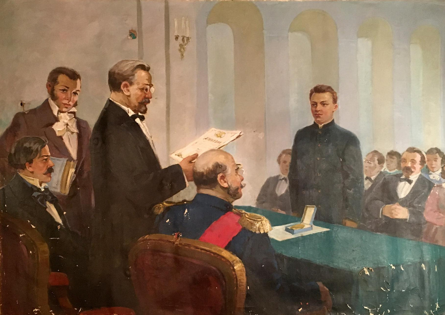 Oil painting Graduation: 19th-century award ceremony in formal attire