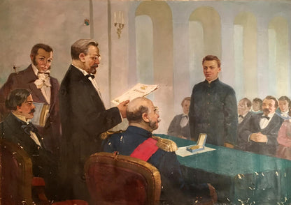 Oil painting Graduation: 19th-century award ceremony in formal attire