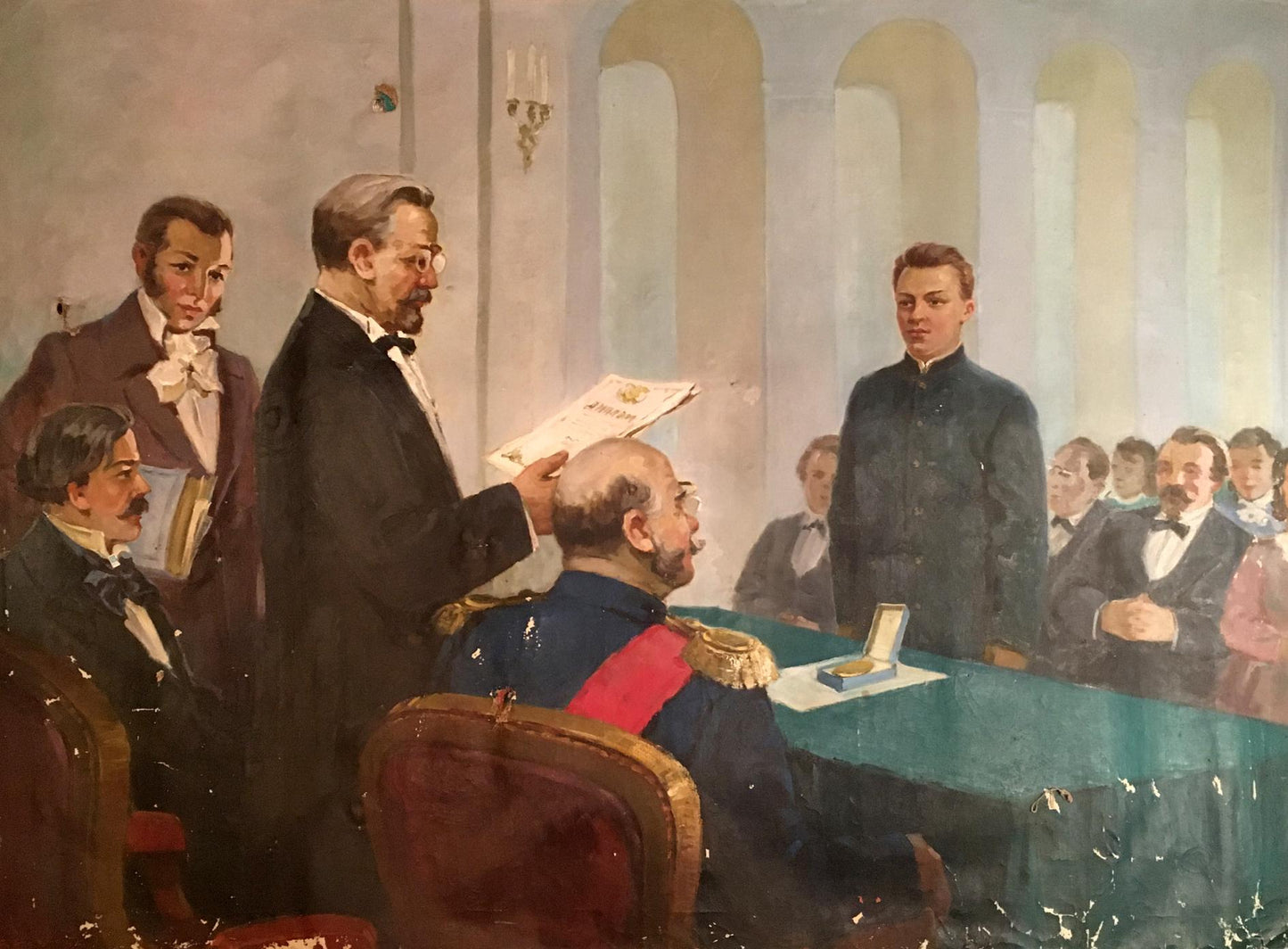 Oil painting Graduation: older man in tuxedo presents document to military officer