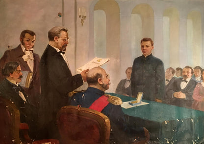 19th-century oil painting of graduation ceremony in ornate room