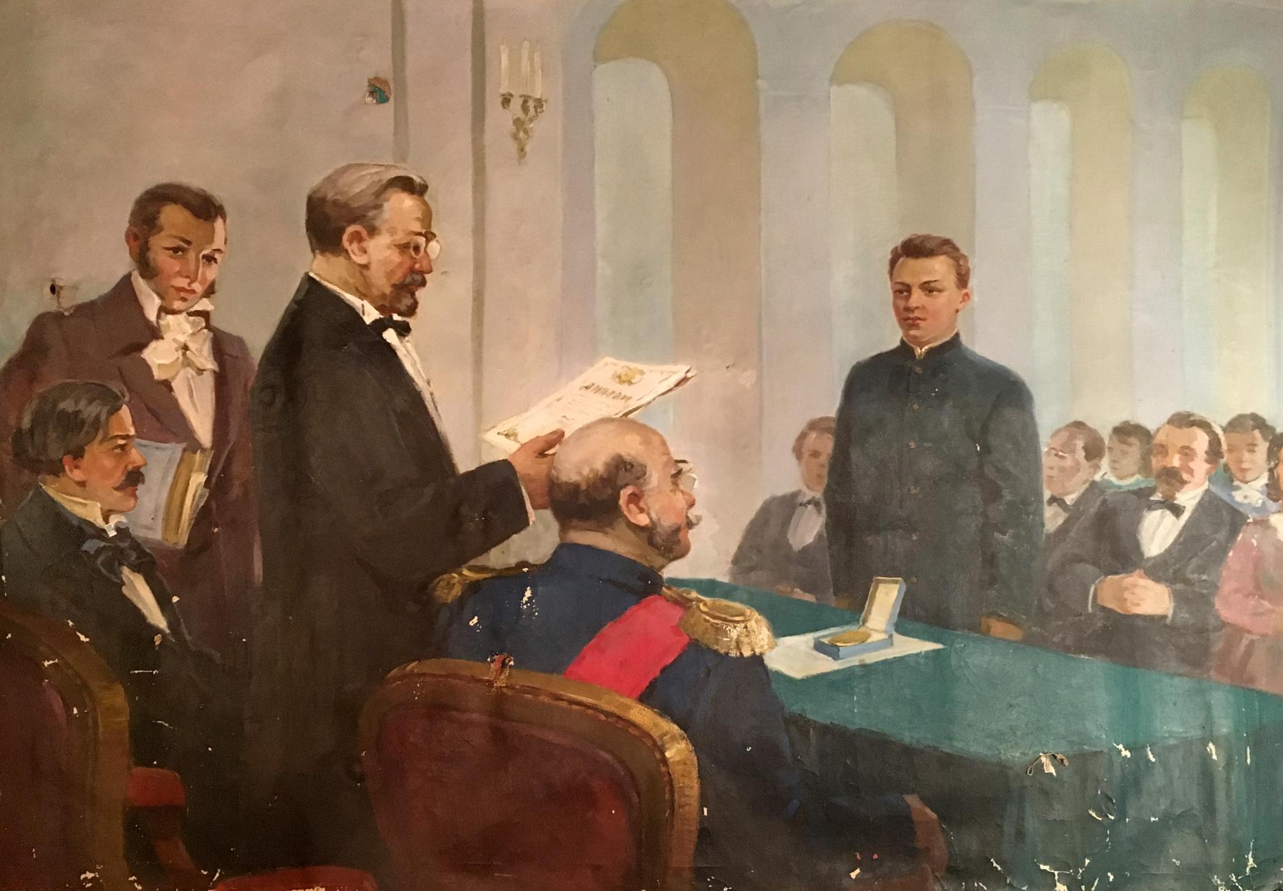 19th-century oil painting graduation ceremony in ornate room