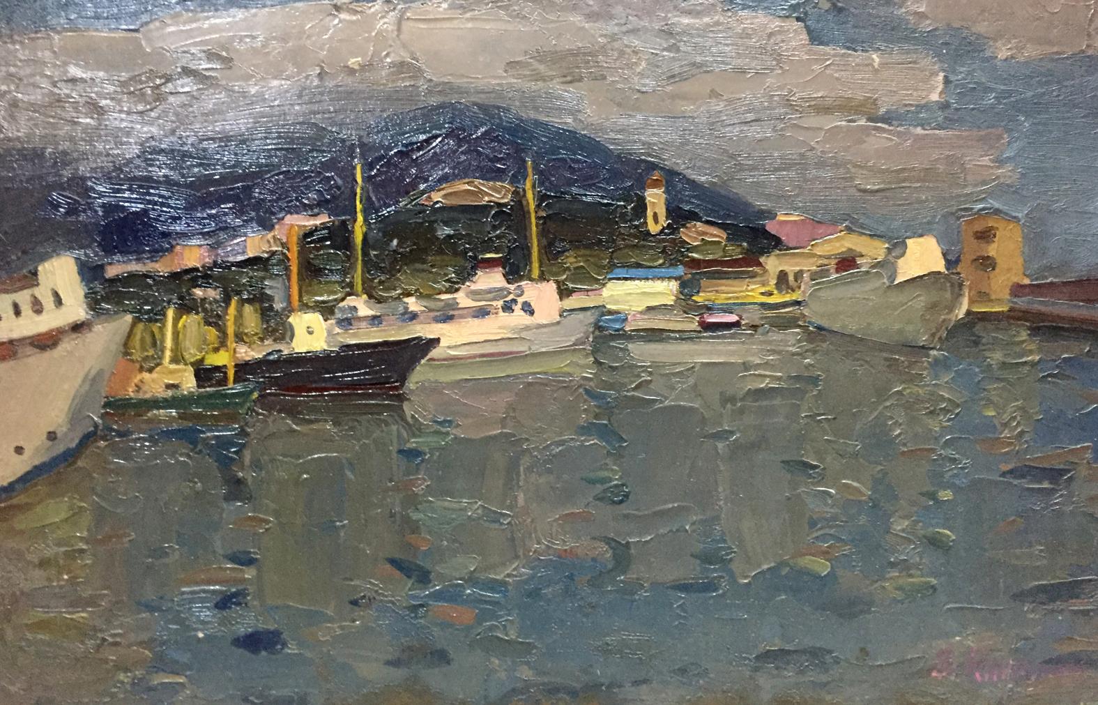 Oil painting of ship port by Karelin Vyacheslav, harbor with boats