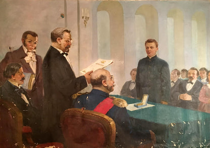 Oil painting of graduation ceremony with 19th-century award presentation