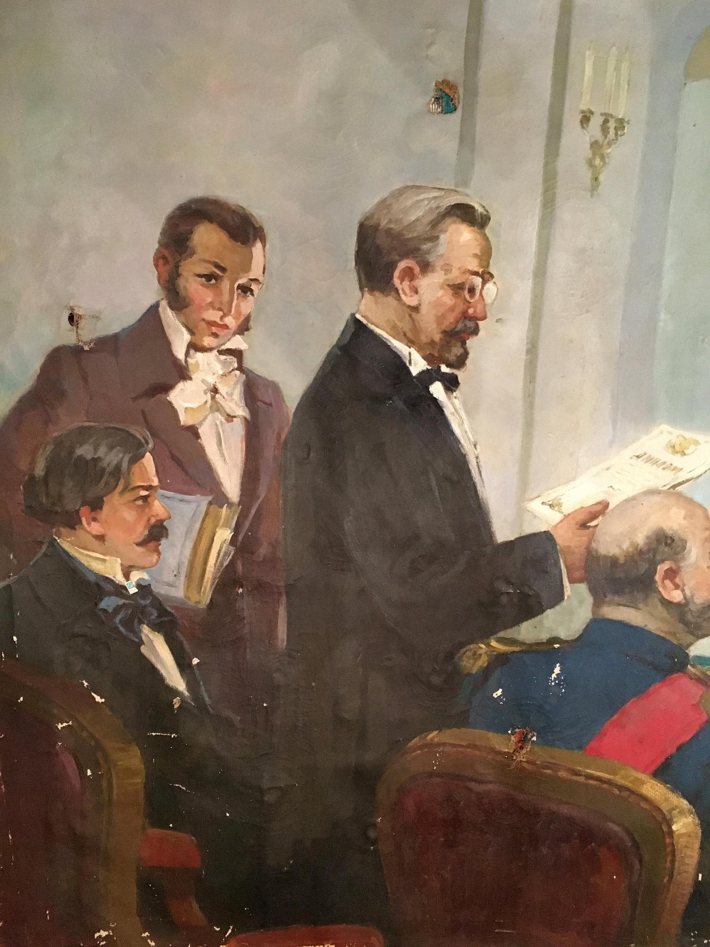Classical oil painting of four suited men for graduation, soft brushstrokes