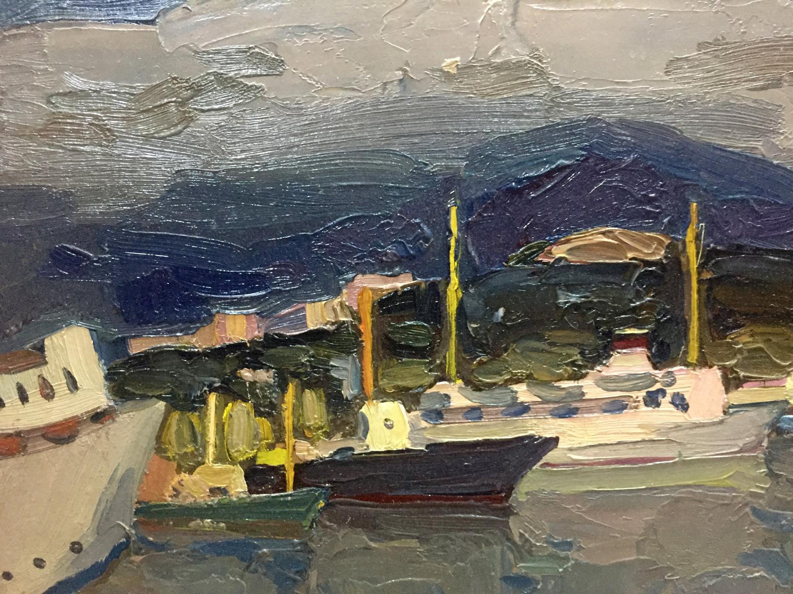 Oil painting of ship port harbor by Karelin Vyacheslav under cloudy sky
