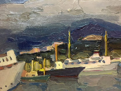 Oil painting of ship port harbor by Karelin Vyacheslav under cloudy sky