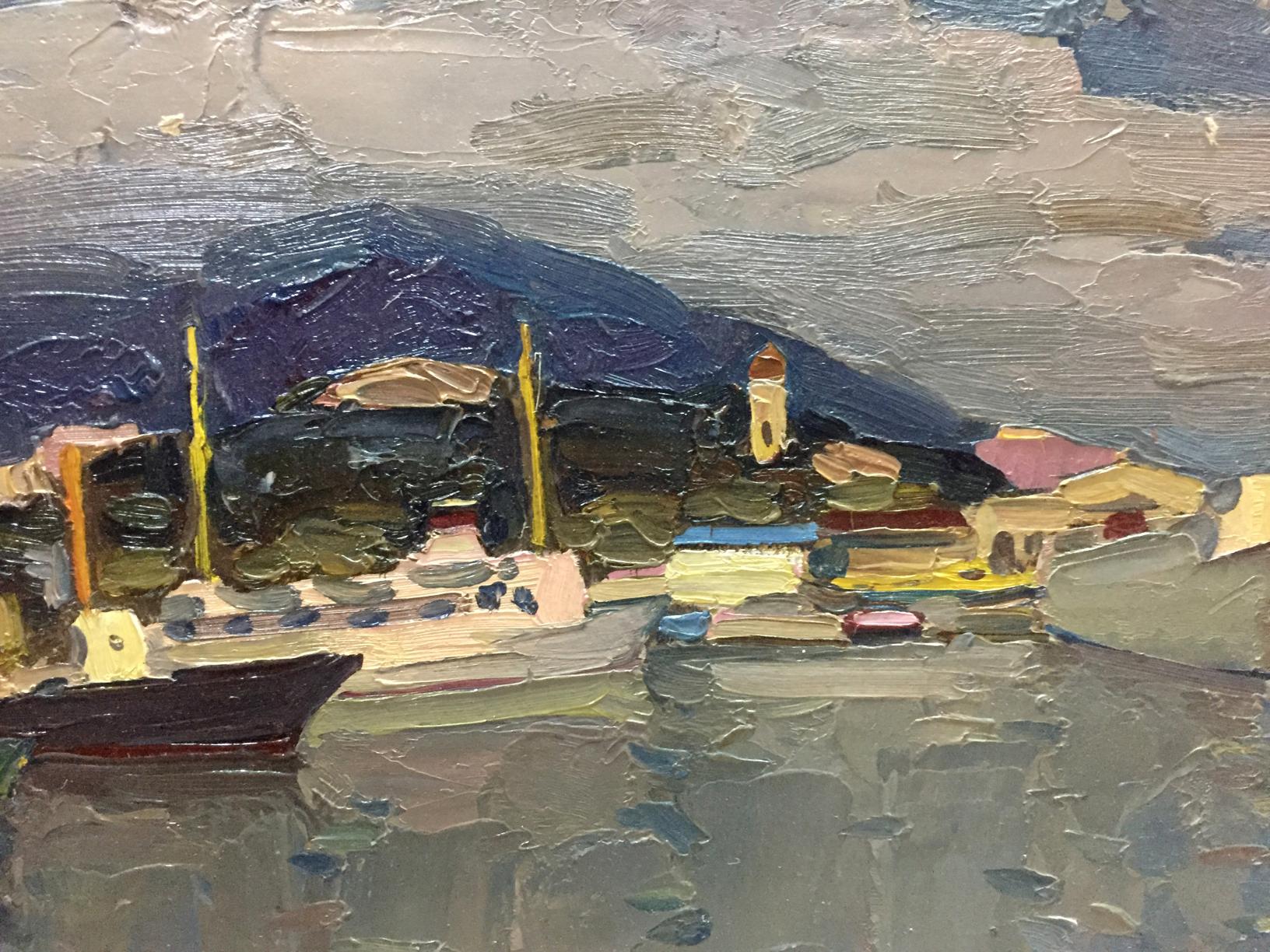 Impasto oil painting by Karelin Vyacheslav: Ship port coastal village under cloudy sky