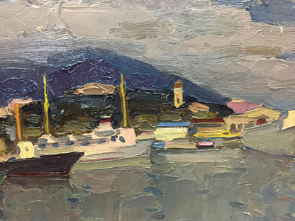 Impasto oil painting by Karelin Vyacheslav: Ship port coastal village under cloudy sky