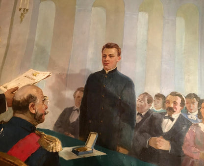 Oil painting of young man in navy uniform receiving graduation medal