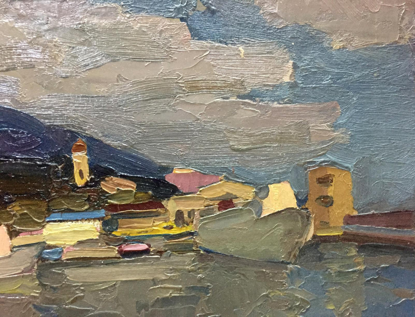 Impasto oil painting of Ship Port by Karelin Vyacheslav, coastal village in blues and yellows