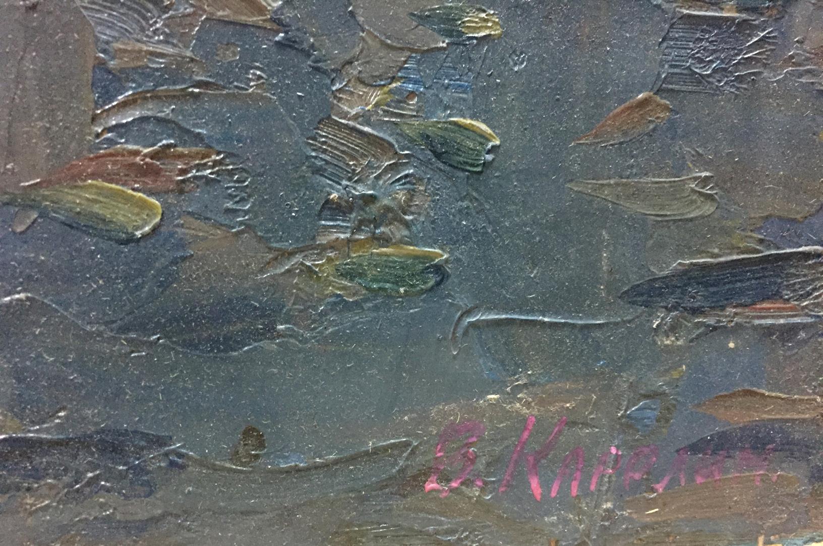 Textured oil painting of abstract fish-like forms by Karelin Vyacheslav