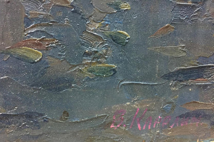 Textured oil painting of abstract fish-like forms by Karelin Vyacheslav