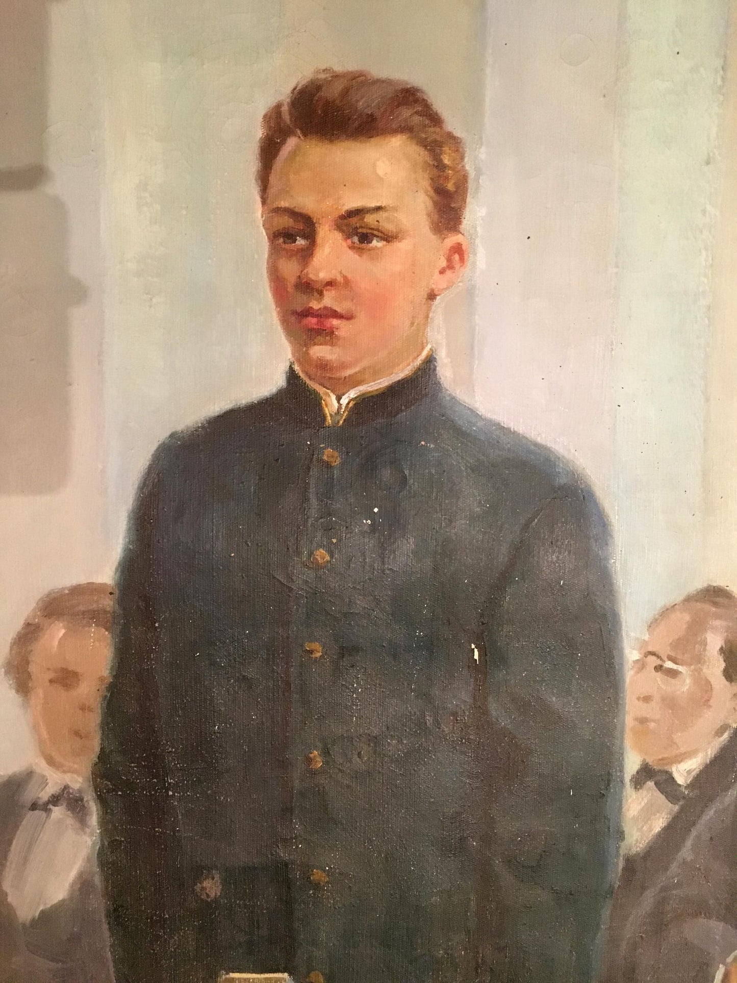 Oil painting graduation portrait of young man in dark blue jacket with gold buttons