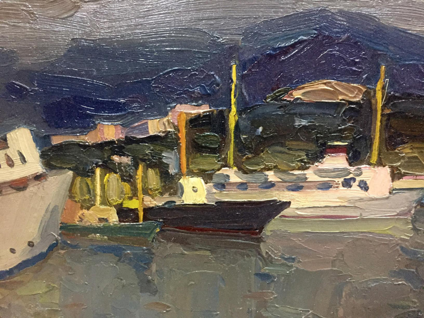 Textured oil painting of harbor boats by Karelin Vyacheslav