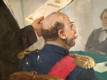 Oil painting of man in dark blue military uniform with gold epaulets and red sash for graduation