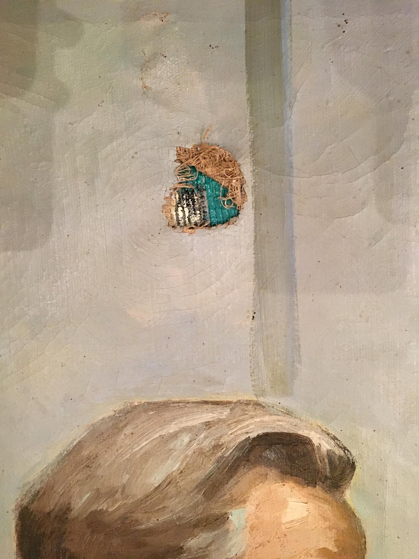 Oil painting Graduation: teal silver object in woven brown on textured wall