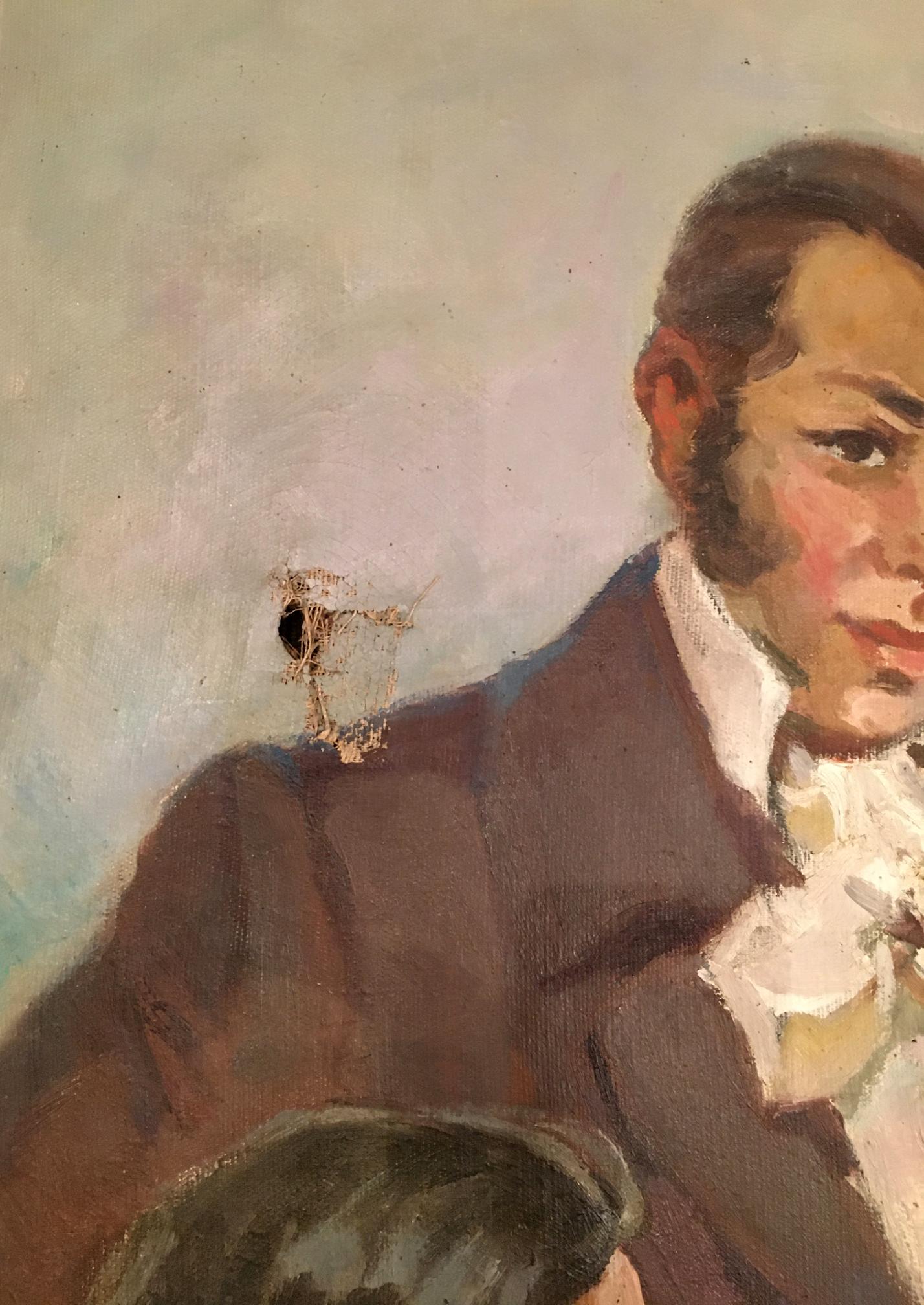 Oil painting graduation portrait of man in brown suit and cravat
