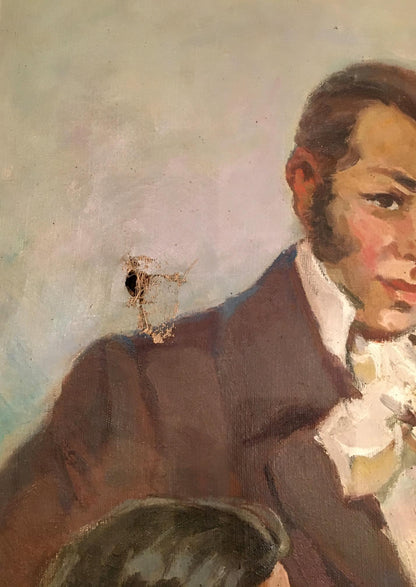 Oil painting graduation portrait of man in brown suit and cravat