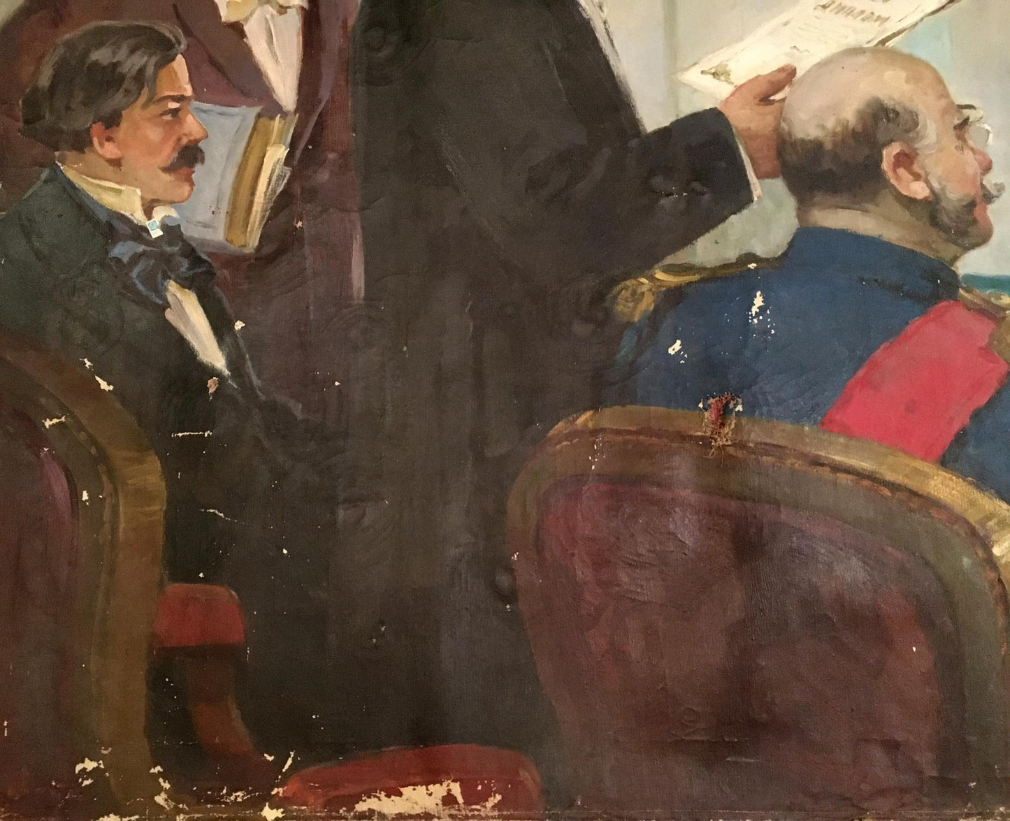 Oil painting of suited man in ornate red chair for Graduation
