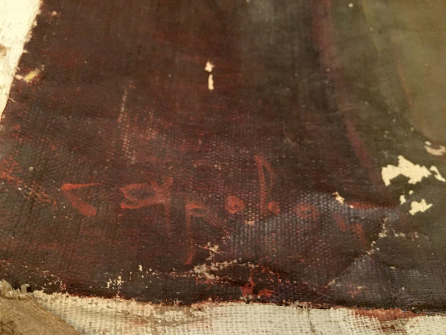 Back of weathered Oil painting Graduation canvas with faded red signature