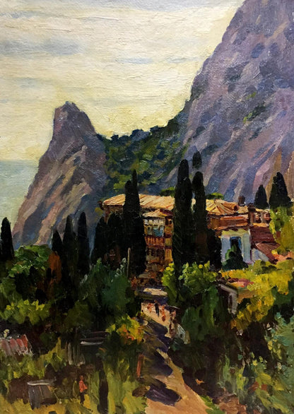 Vibrant oil painting of sunlit Simeiz village by Kolomoitsev Petr Mikhailovich