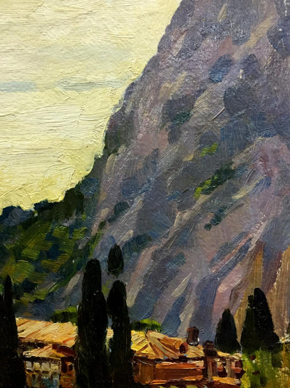 Oil painting of Simeiz by Petr Mikhailovich Kolomoitsev: rugged mountains, cypresses