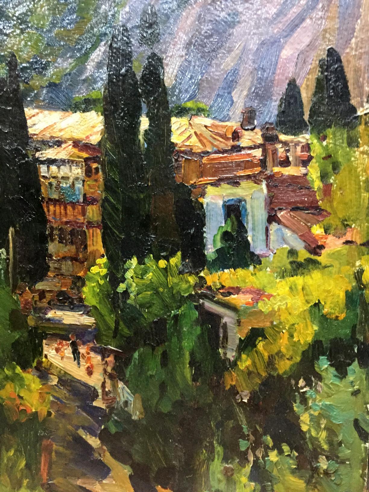 Vibrant impressionist oil painting of Simeiz village by Petr Mikhailovich Kolomoitsev