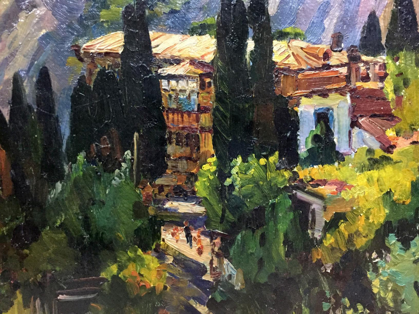 Vibrant impressionist oil painting of sunlit Simeiz village by Petr Mikhailovich Kolomoitsev