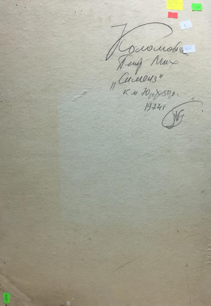 Back of oil painting Simeiz by Petr Mikhailovich Kolomoitsev with Cyrillic notes