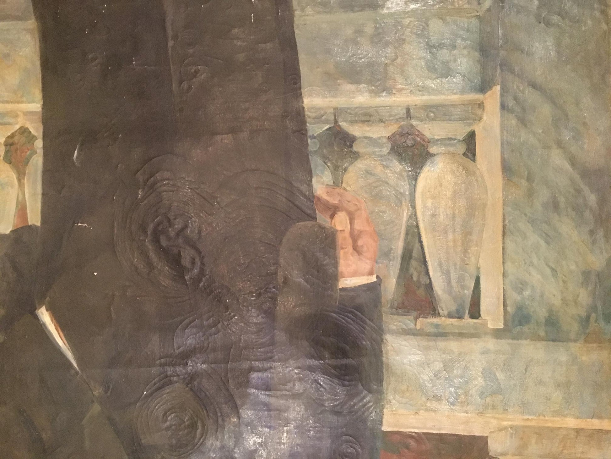 Oil painting portrait of Lenin Dzhus Lyudmila Timofeyevna on dark textured fabric arm