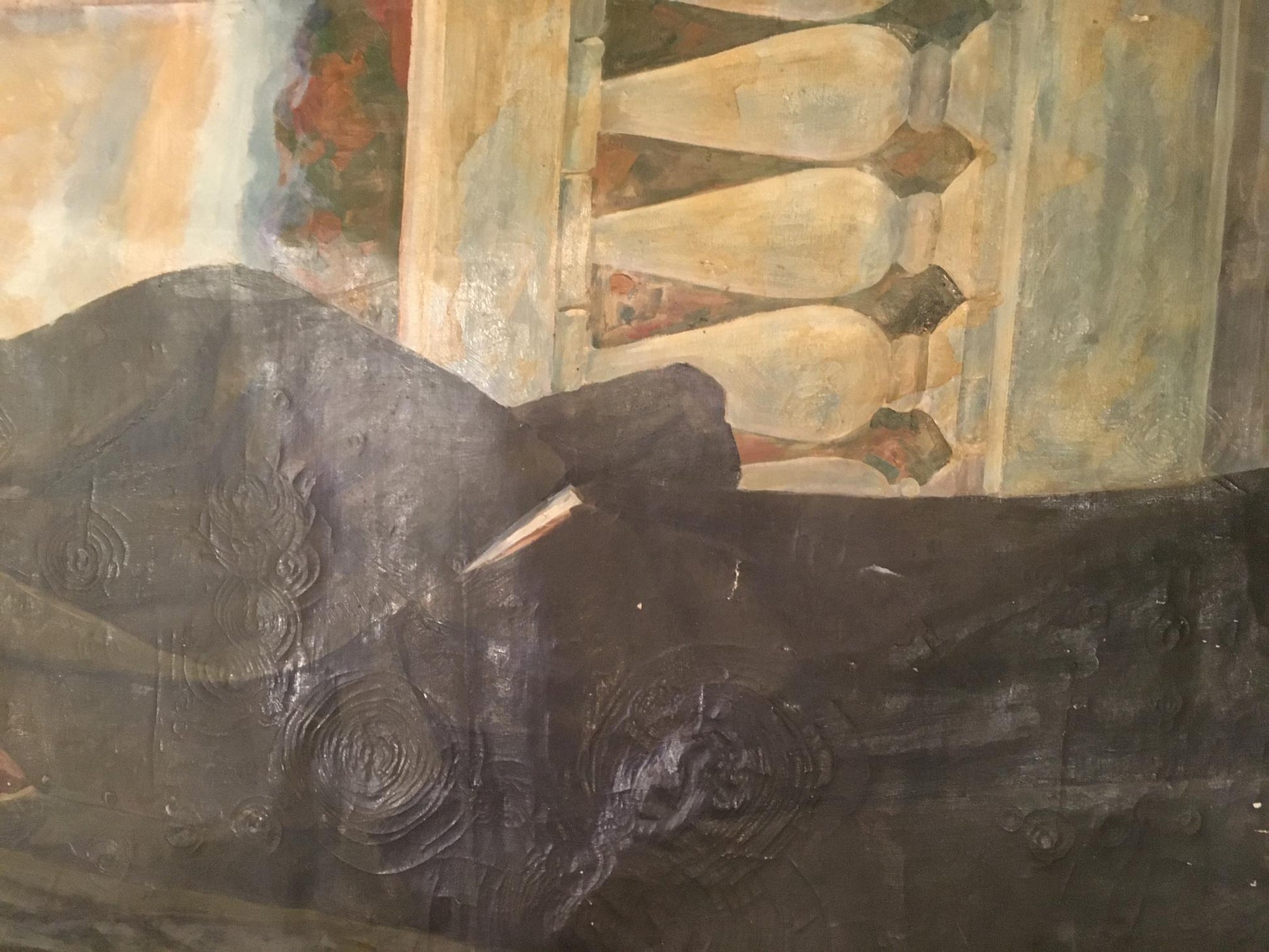 Dark textured fabric with swirling patterns on Oil painting Portrait of Lenin by Dzhus Lyudmila Timofeyevna