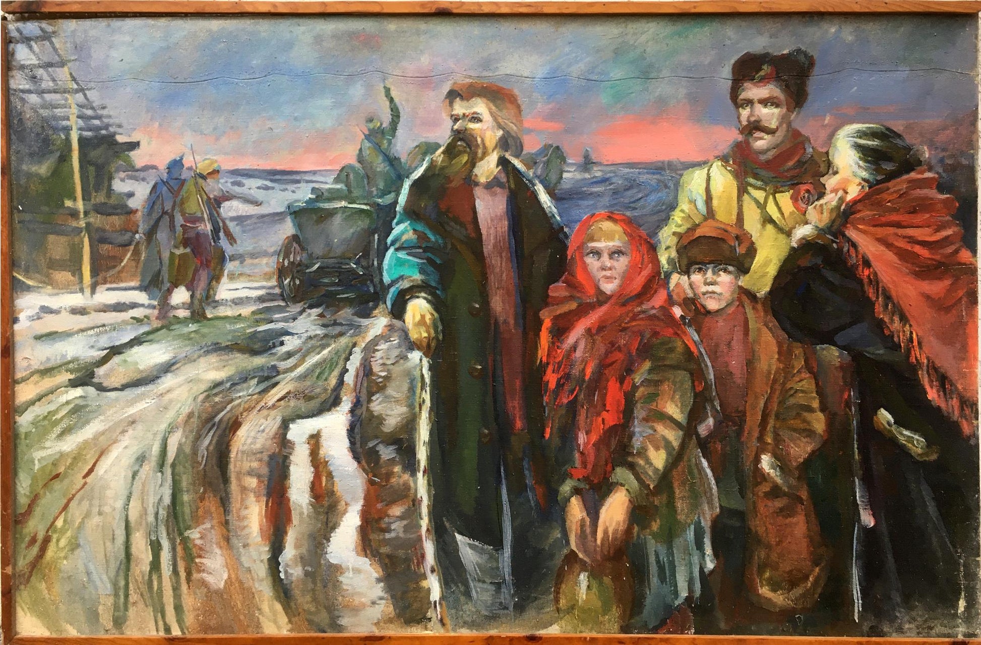 Framed oil painting by Andrey Ivanovich Serkov: family in winter on snowy road at twilight