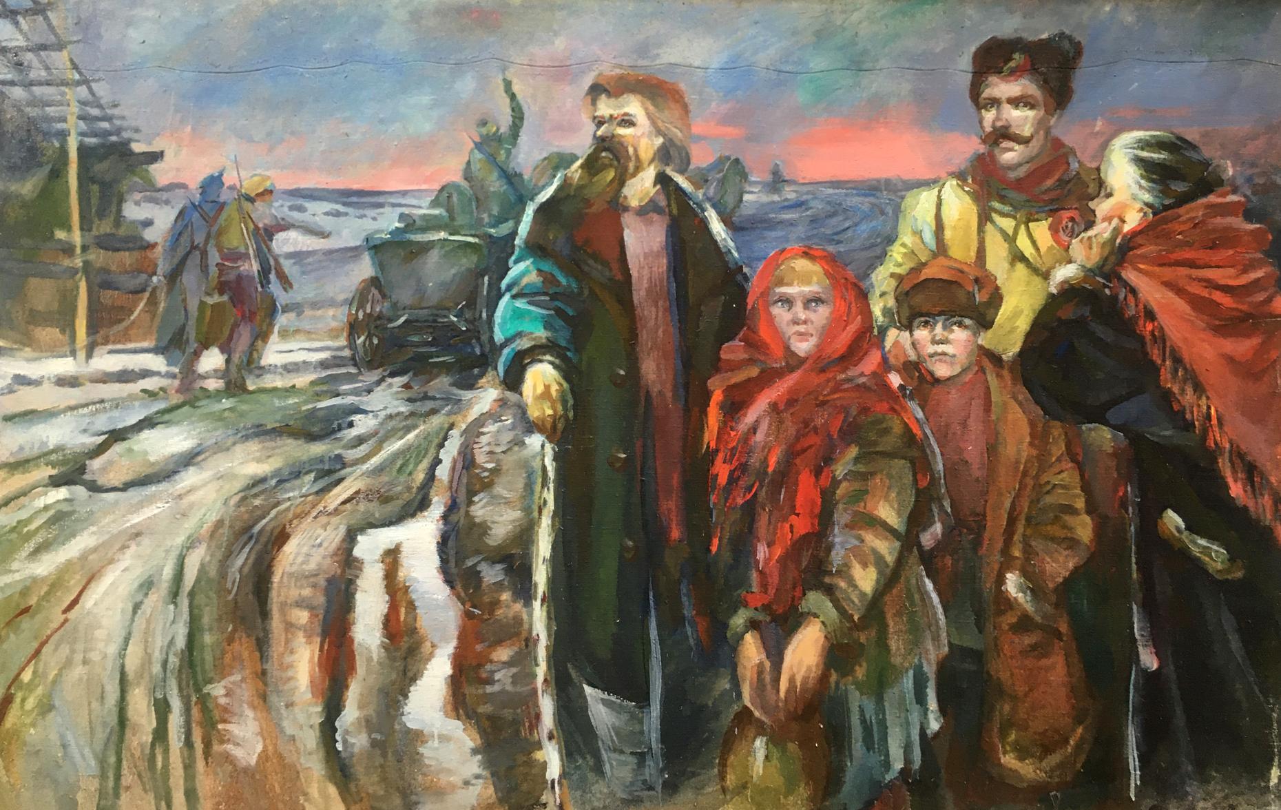 Vibrant oil painting by Andrey Ivanovich Serkov of people in winter attire on snowy landscape