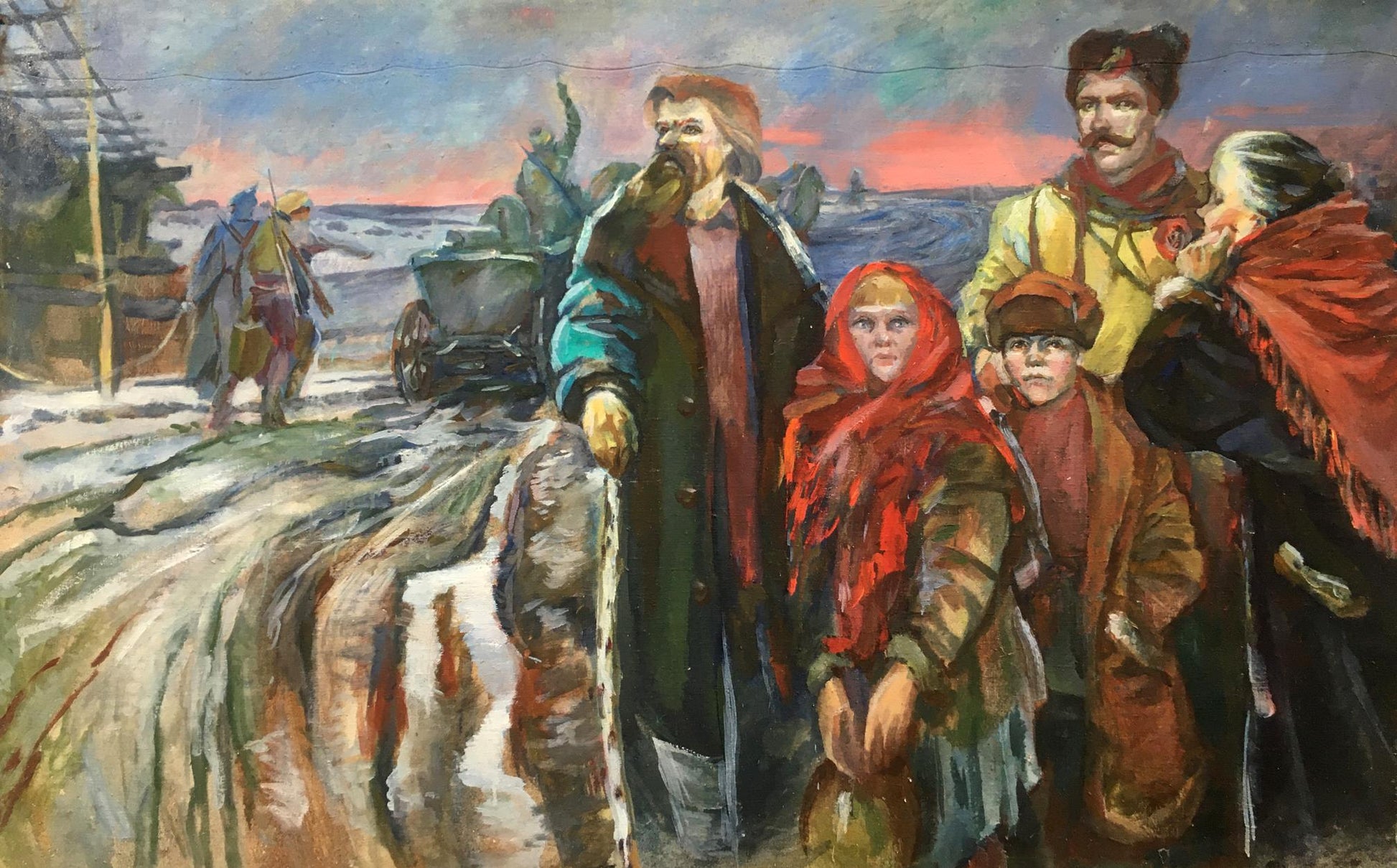 Vibrant oil painting by Andrey Ivanovich Serkov of family in winter attire