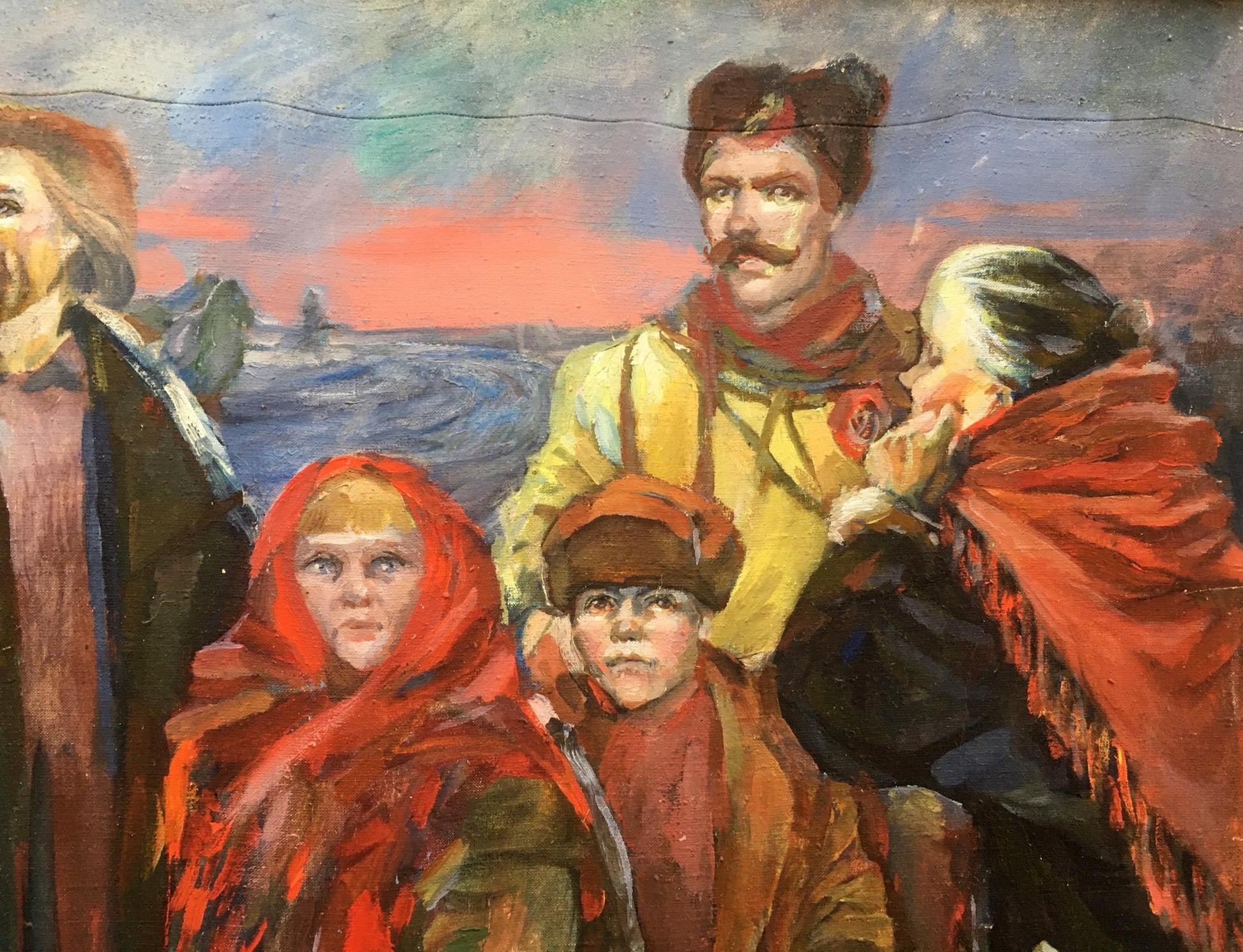 Oil painting by Andrey Ivanovich Serkov: people in traditional attire under dramatic sky