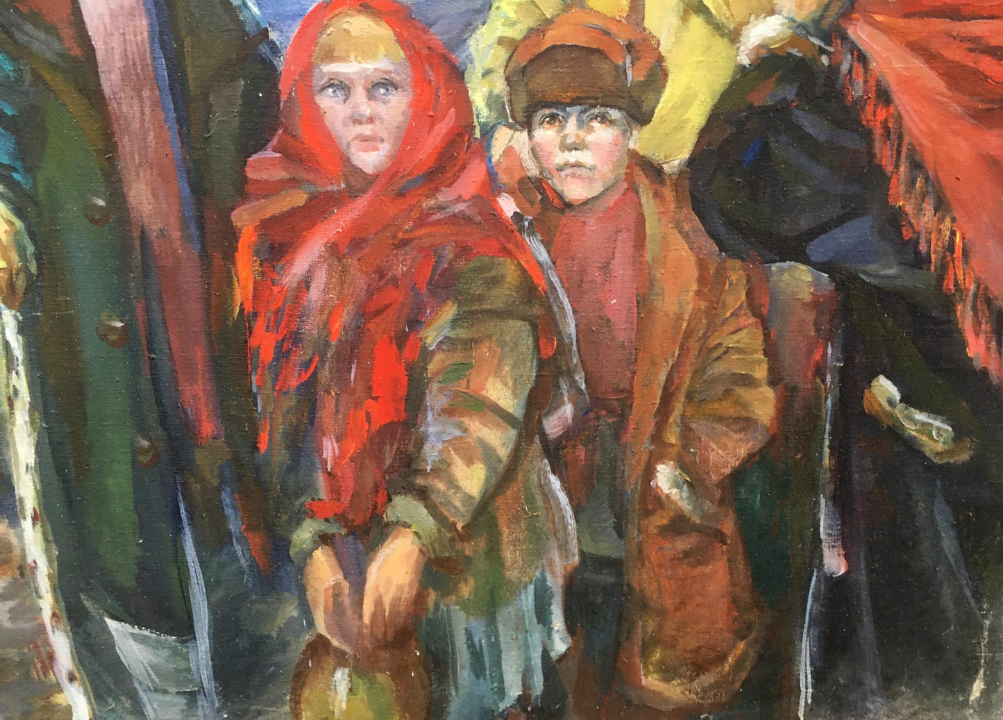 Oil painting by Andrey Ivanovich Serkov of two children in red cloak and orange coat