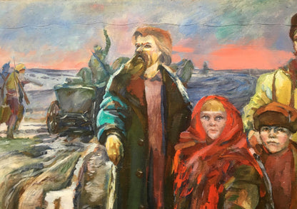 Vibrant oil painting by Andrey Ivanovich Serkov of bearded man and children amid soldiers