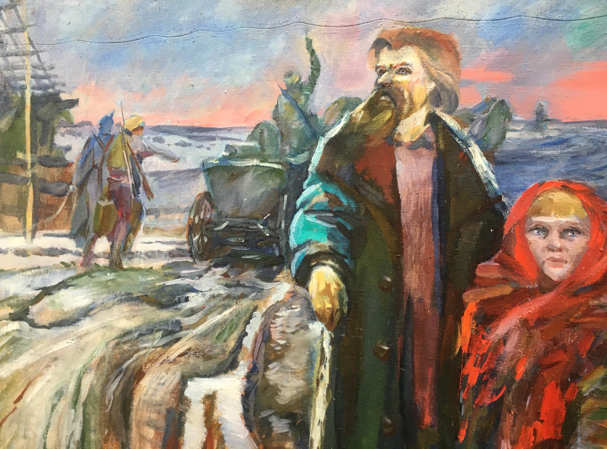 Oil painting by Andrey Ivanovich Serkov: bearded man, girl in red cloak, snowy scene