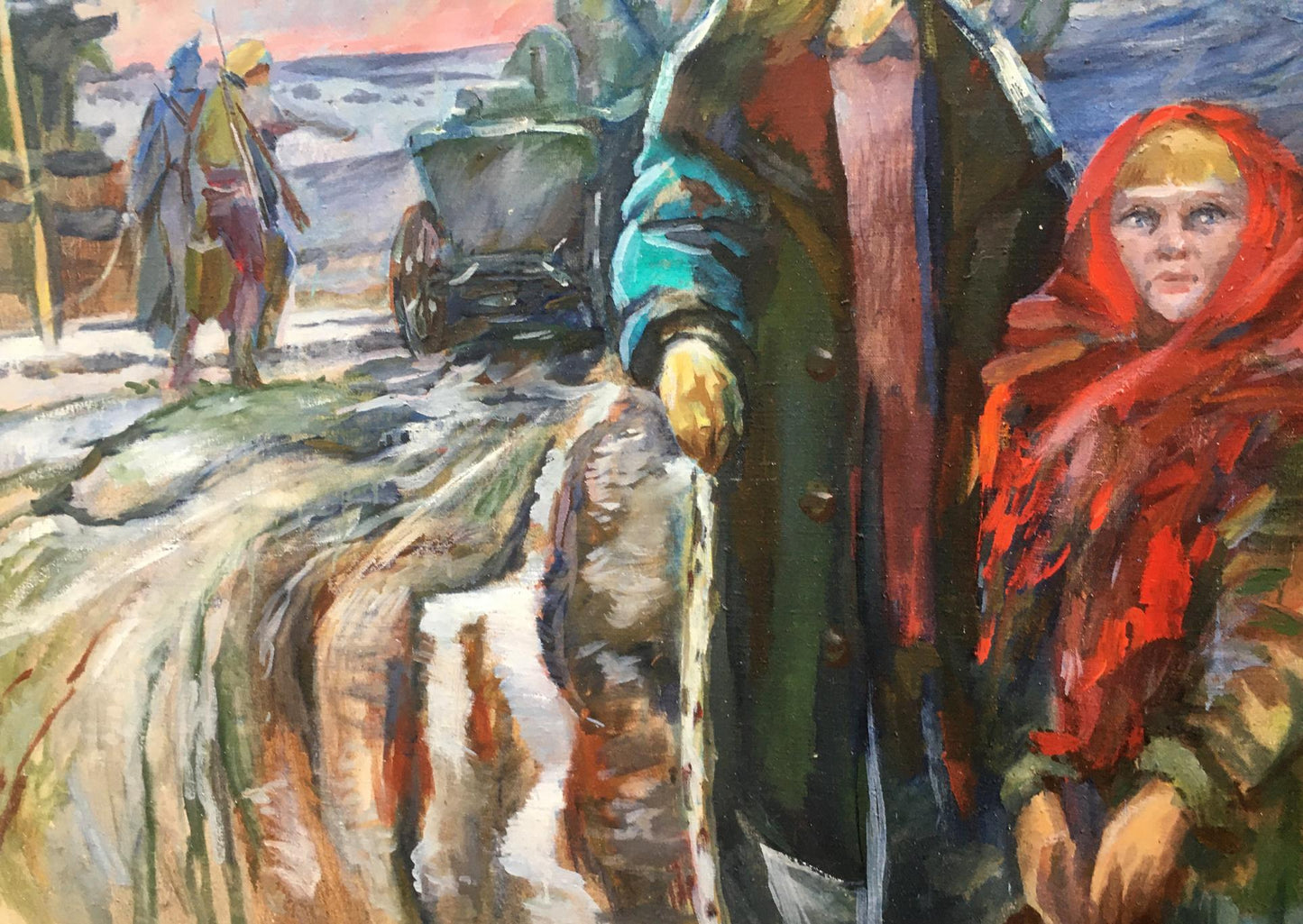 Vibrant red hooded cloak on young girl in Andrey Ivanovich Serkov oil painting