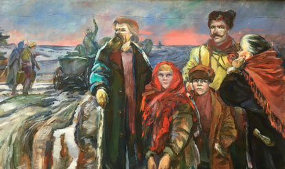 Oil painting by Andrey Ivanovich Serkov: family in winter snowy landscape