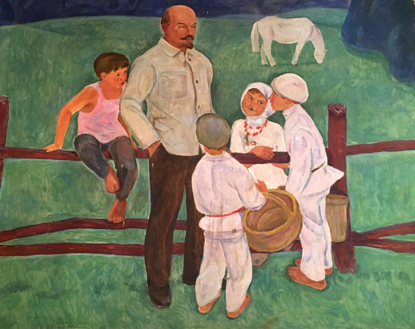 Oil painting portrait of Lenin with boys by Muravyov A.S. in rustic wicker basket