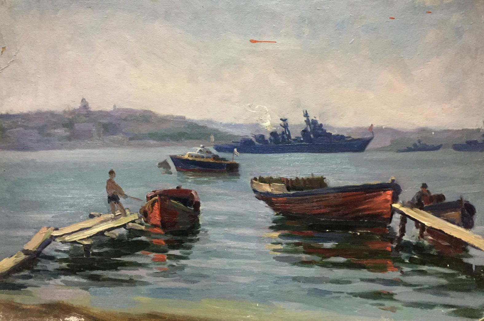 Oil painting of blue warship in S. Bay by Kolomoitsev Petr Mikhailovich
