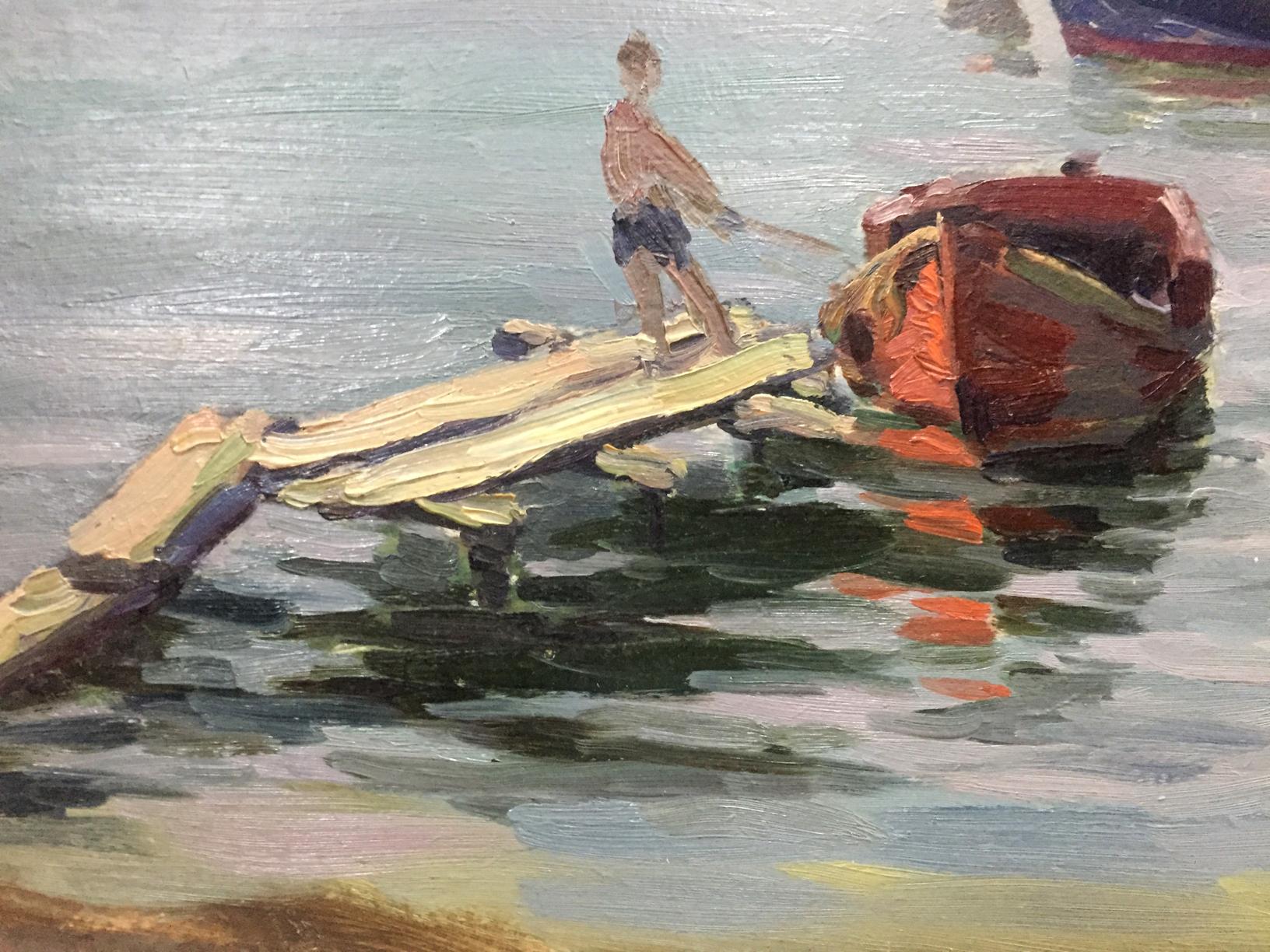 Oil painting of boy on weathered dock by orange red boat in S. Bay by Kolomoitsev