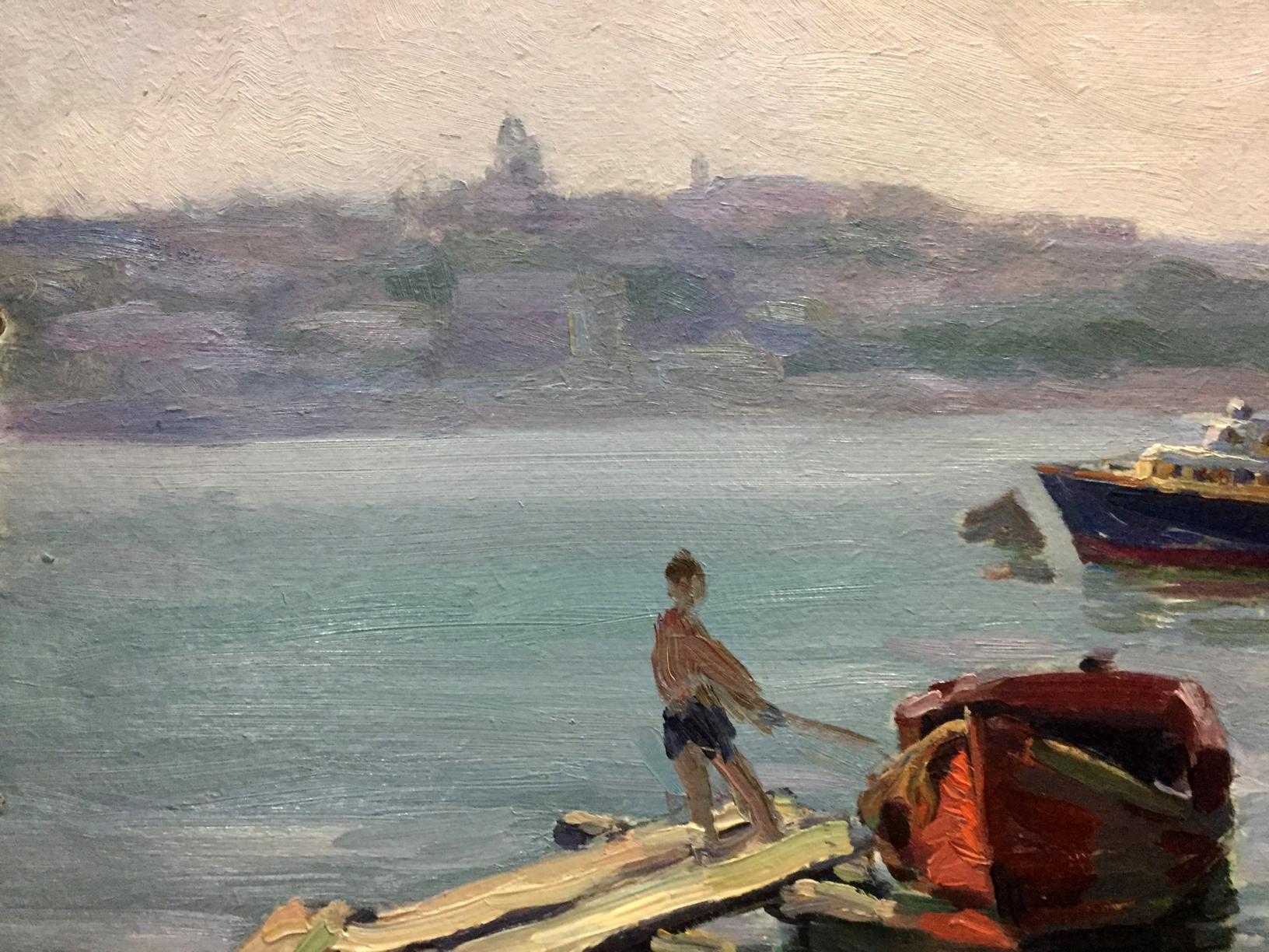 Boy on weathered dock by red boat, S. Bay oil painting by Kolomoitsev