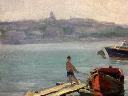 Boy on weathered dock by red boat, S. Bay oil painting by Kolomoitsev