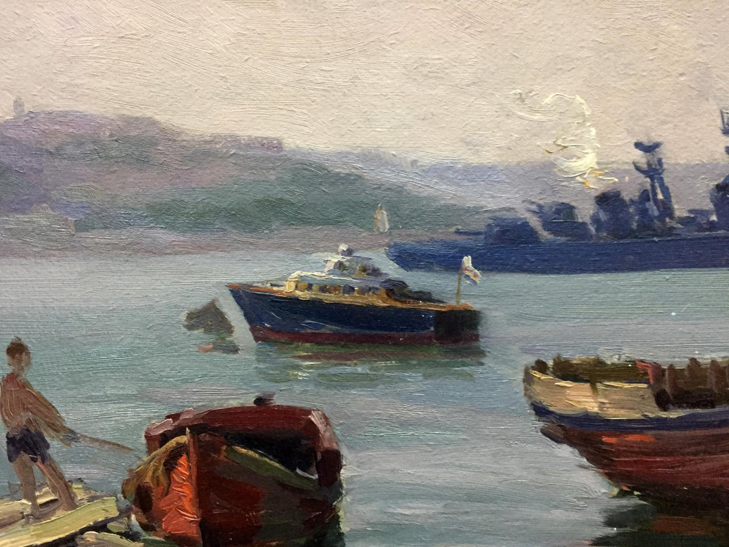 Impressionistic oil painting of blue red motorboat with white flag in S. Bay by Kolomoitsev Petr Mikhailovich