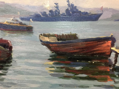 Oil painting of weathered orange rowboat in S. Bay by Kolomoitsev
