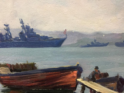 Oil painting of red rowboat in S. Bay by Kolomoitsev Petr Mikhailovich