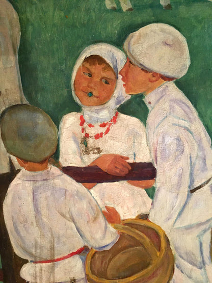 Oil painting portrait of Lenin with boy in white headscarf and red beads by Muravyov A. S